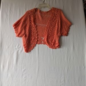 Chic Coral Open-Front Crochet Shrug